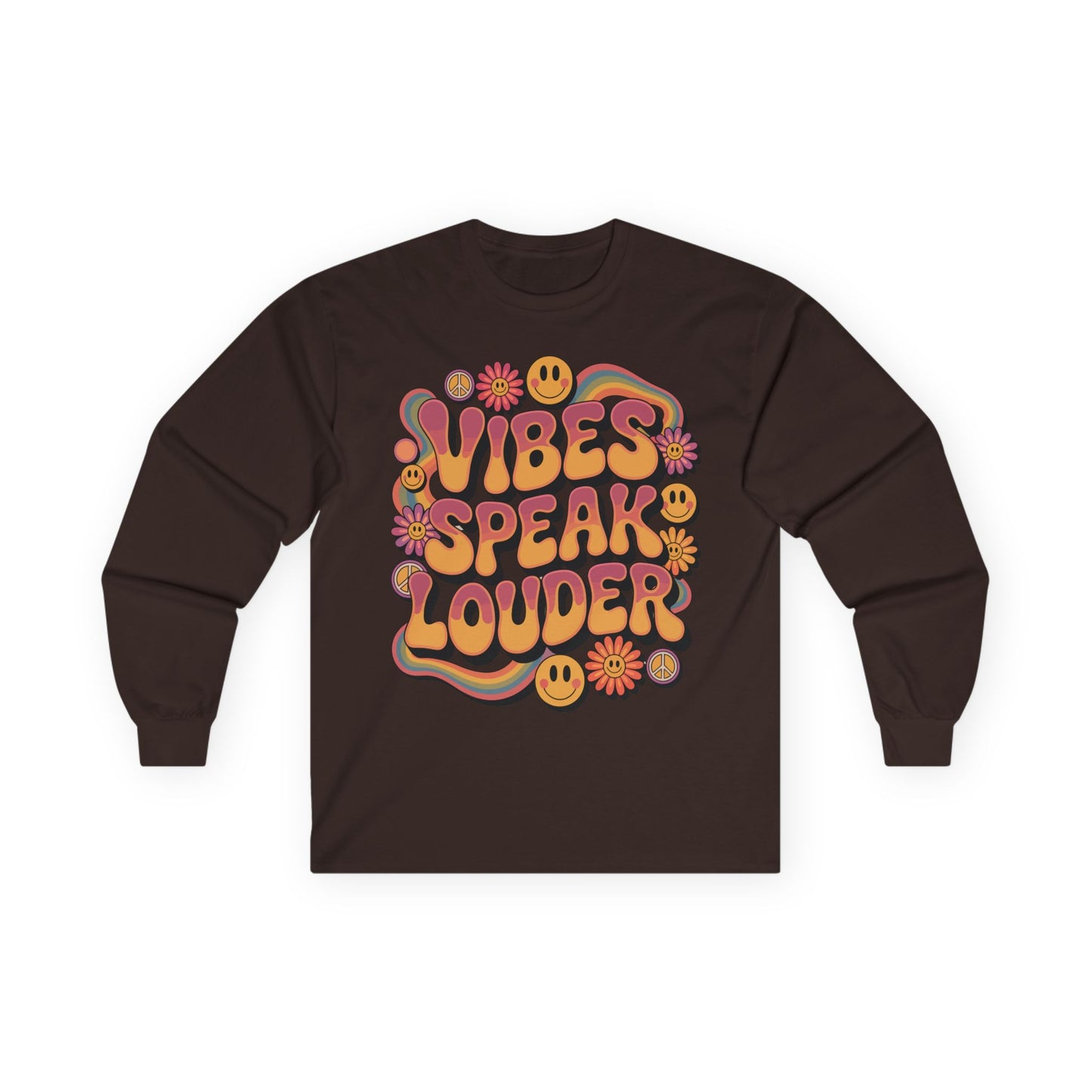 TEEZOCA vibes speak louder graphic on unisex long-sleeve t-shirt Brown long-sleeve shirt with colorful 'Vibes Speak Louder' text design on a white background
