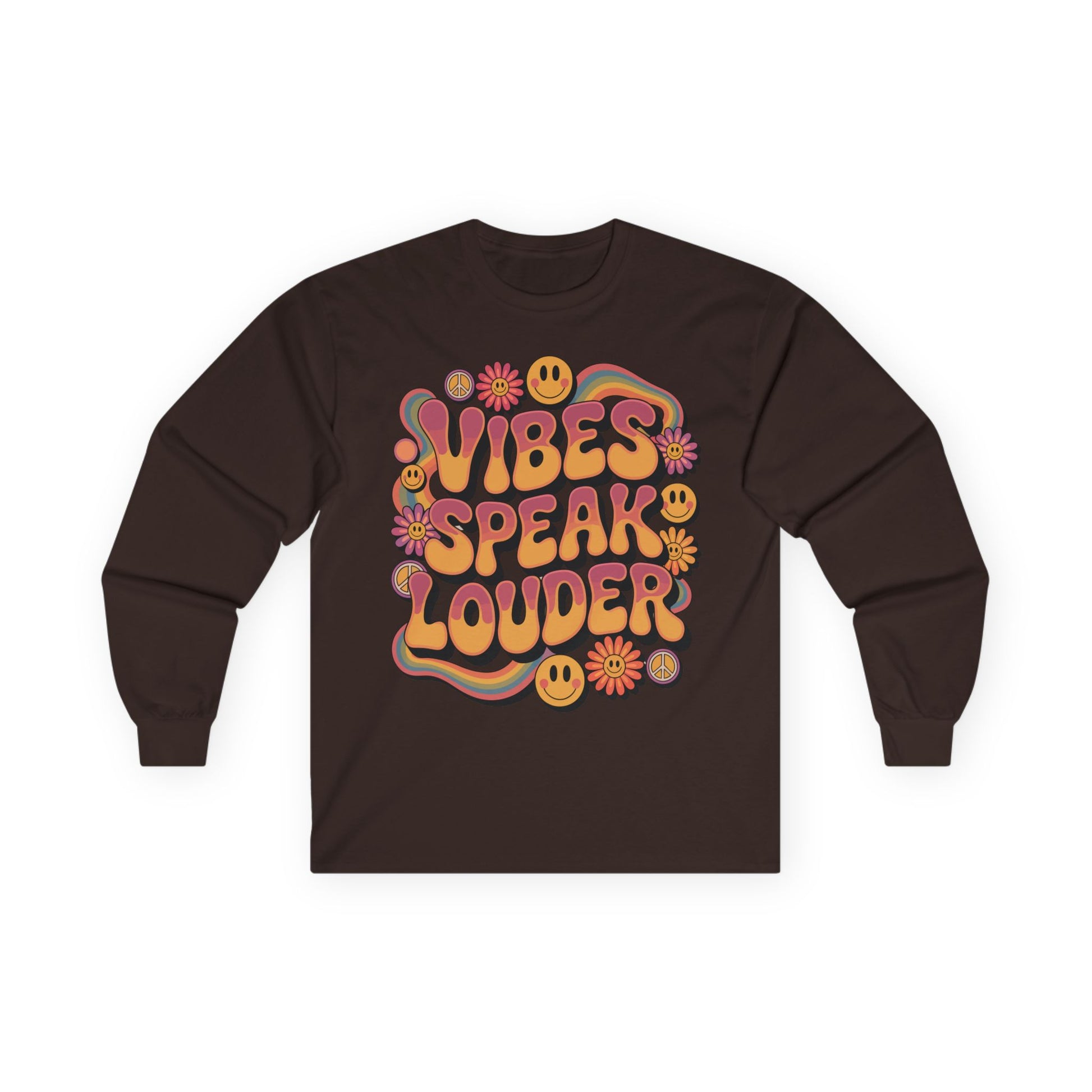 TEEZOCA vibes speak louder graphic on unisex long-sleeve t-shirt Brown long-sleeve shirt with colorful 'Vibes Speak Louder' text design on a white background