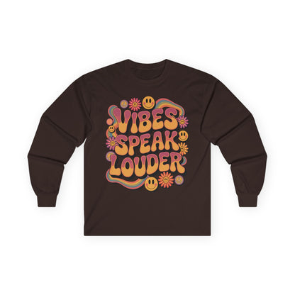 TEEZOCA vibes speak louder graphic on unisex long-sleeve t-shirt Brown long-sleeve shirt with colorful 'Vibes Speak Louder' text design on a white background