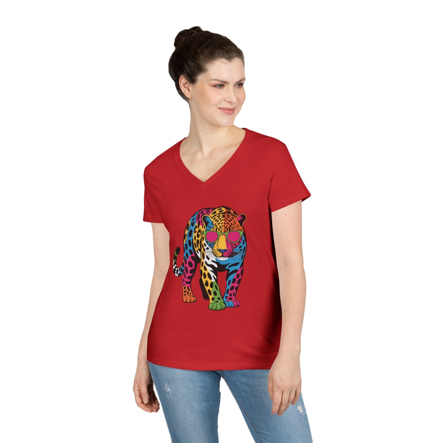 Colorful Leopard Confidence Graphic V-Neck T-Shirt for Bold Women | TEEZOCA 