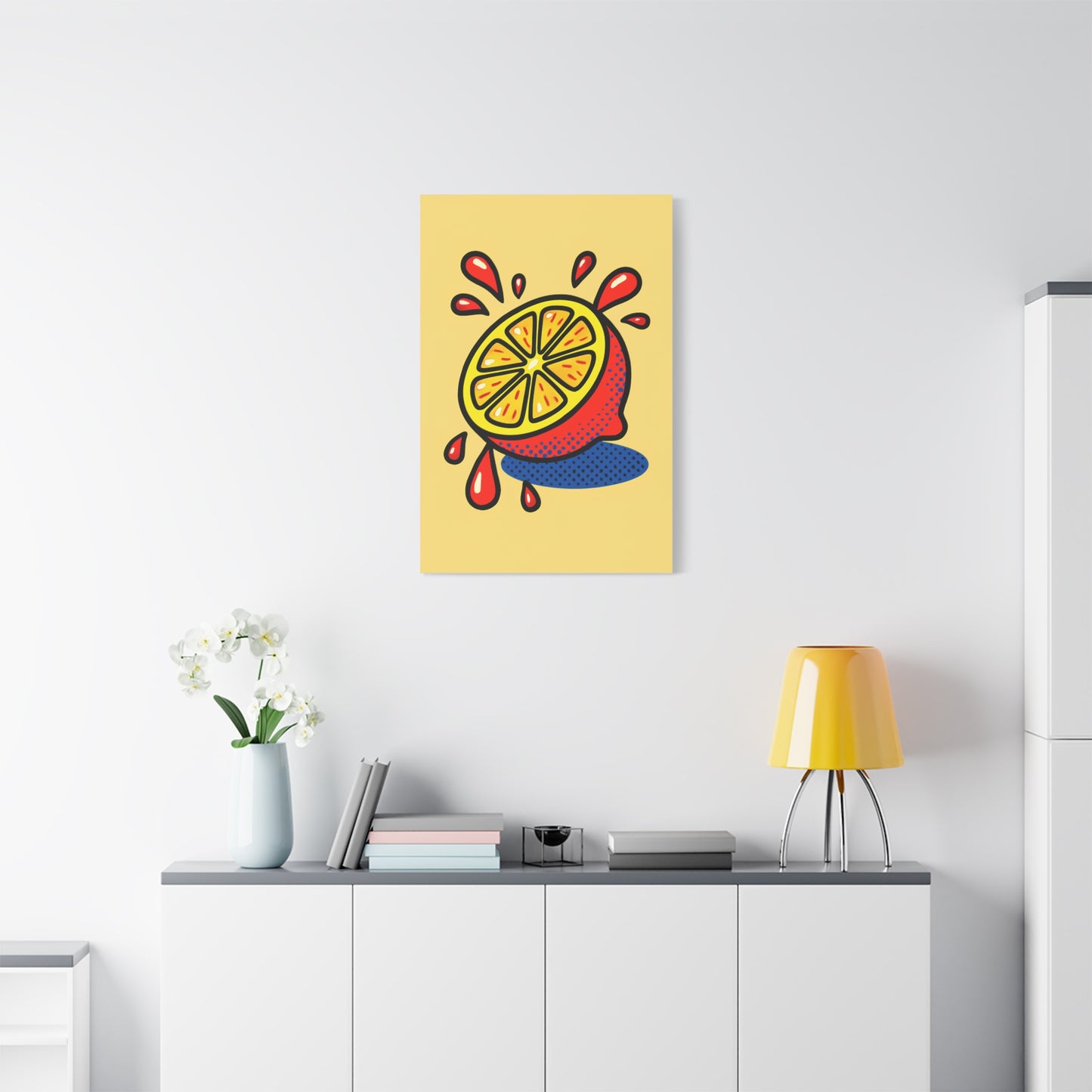 TEEZOCA vibrant lemon pop art canvas print featured in a bright minimalist room.