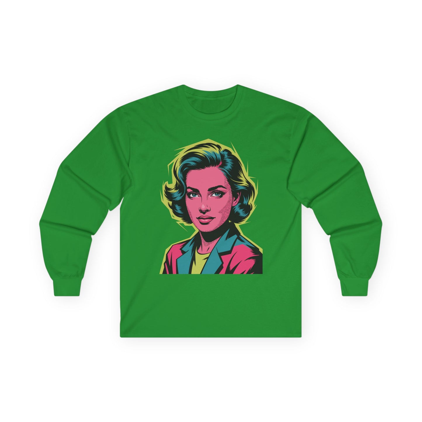 TEEZOCA vibrant pop art style woman graphic unisex long-sleeve t-shirt Green long-sleeve shirt with a graphic of a woman's face on a white background