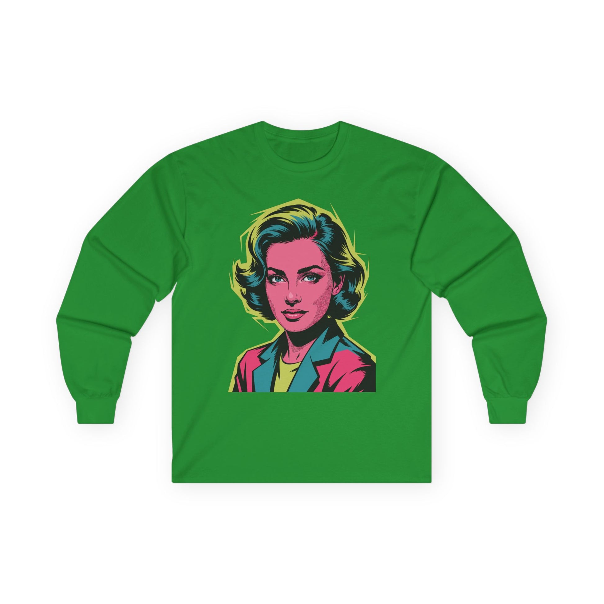 TEEZOCA vibrant pop art style woman graphic unisex long-sleeve t-shirt Green long-sleeve shirt with a graphic of a woman's face on a white background