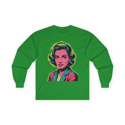 TEEZOCA vibrant pop art style woman graphic unisex long-sleeve t-shirt Green long-sleeve shirt with a graphic of a woman's face on a white background
