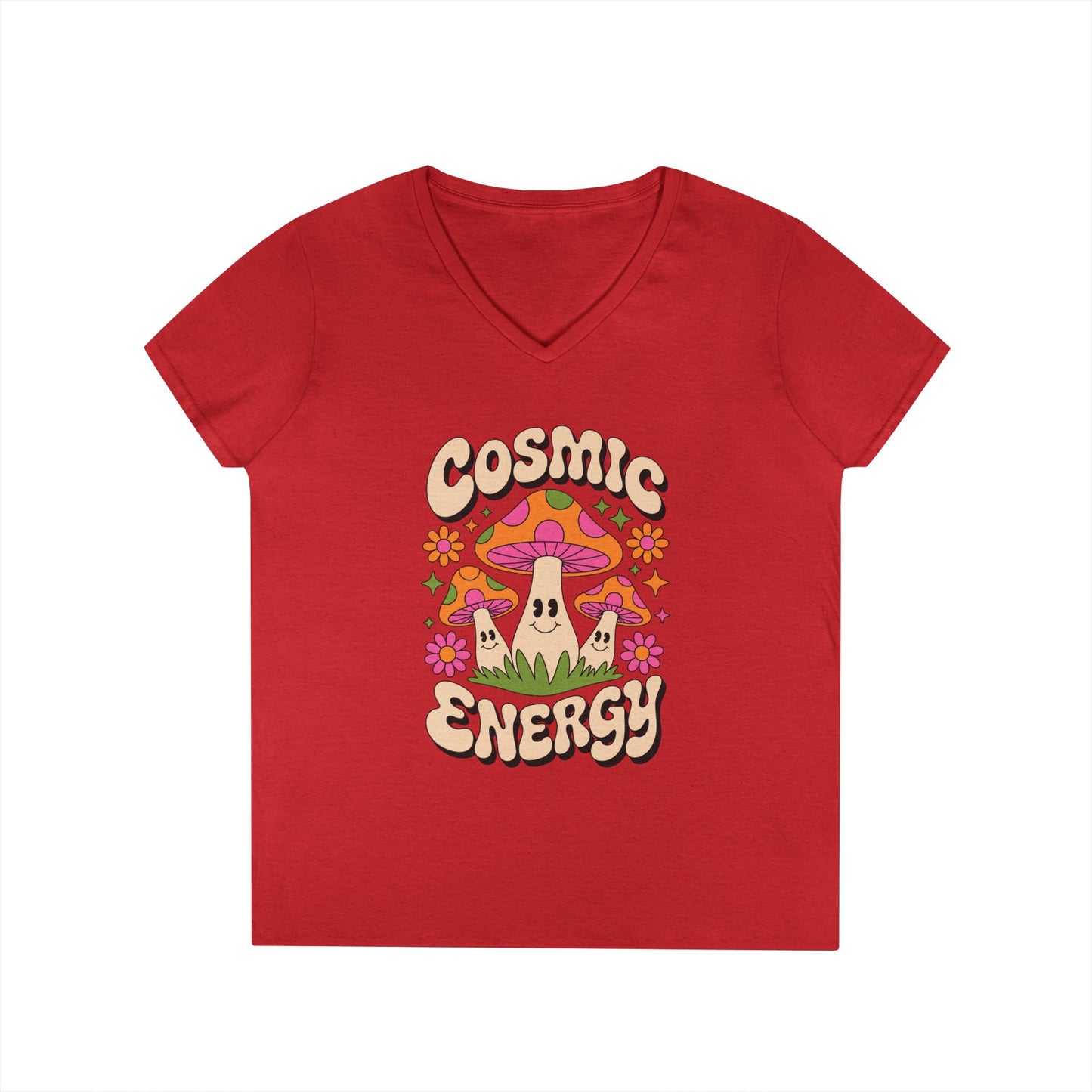 Cosmic Energy Happy Mushroom Graphic V-Neck T-Shirt for Women | TEEZOCA 
