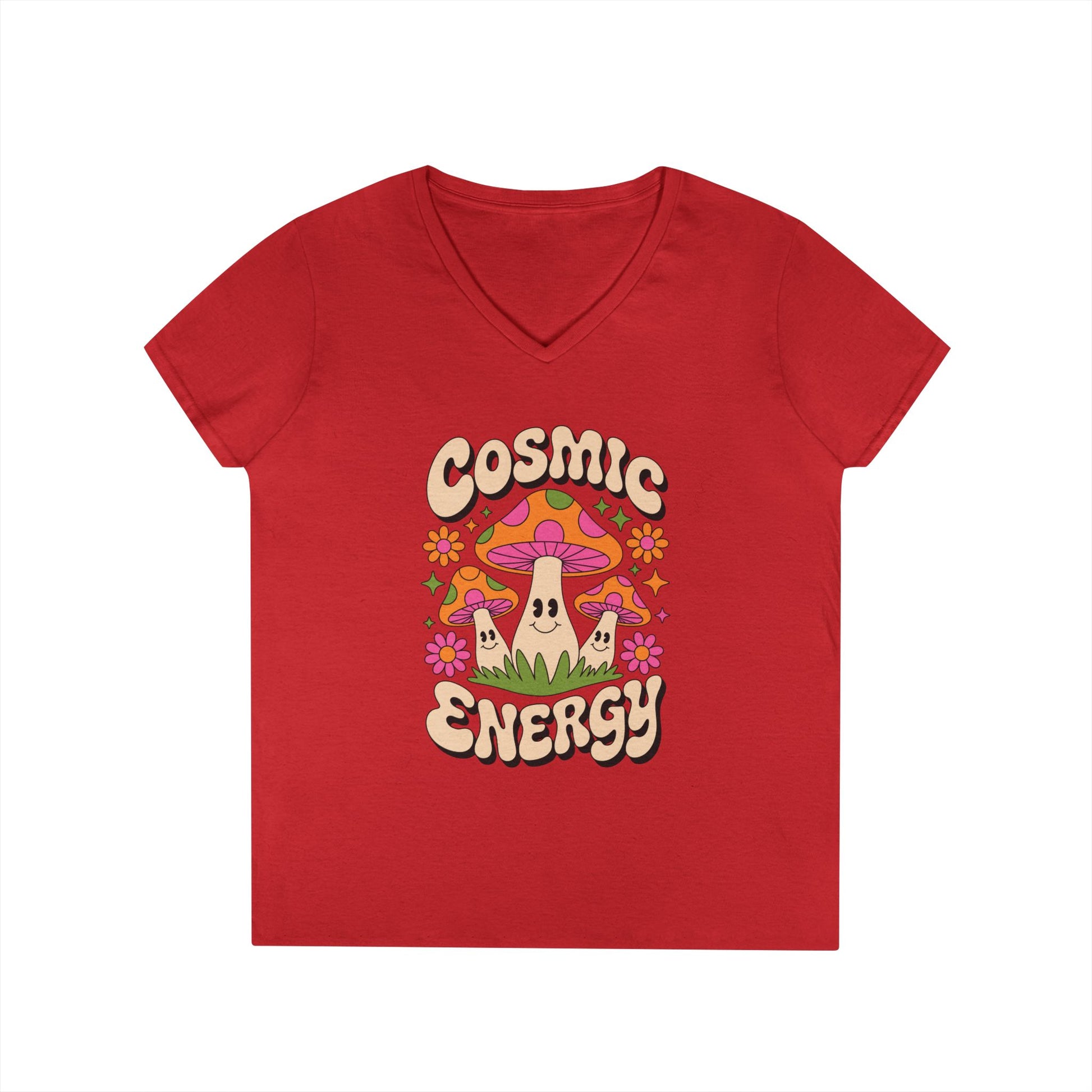 Cosmic Energy Happy Mushroom Graphic V-Neck T-Shirt for Women | TEEZOCA 