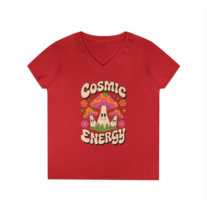 Cosmic Energy Happy Mushroom Graphic V-Neck T-Shirt for Women | TEEZOCA 