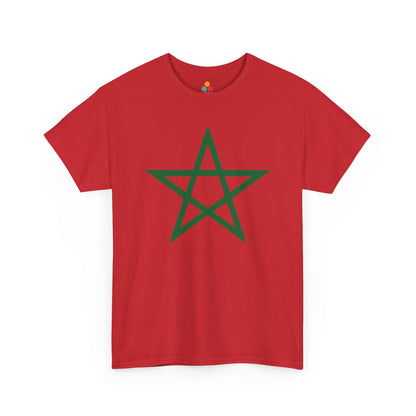 TEEZOCA vibrant red T-shirt featuring a classic bold green Moroccan flag pentagram star graphic. Classic Morocco Flag Shirt Moroccan Soccer Supporter Gift for Men and Women