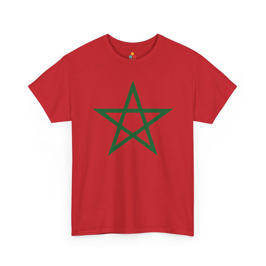 TEEZOCA vibrant red T-shirt featuring a classic bold green Moroccan flag pentagram star graphic. Classic Morocco Flag Shirt Moroccan Soccer Supporter Gift for Men and Women