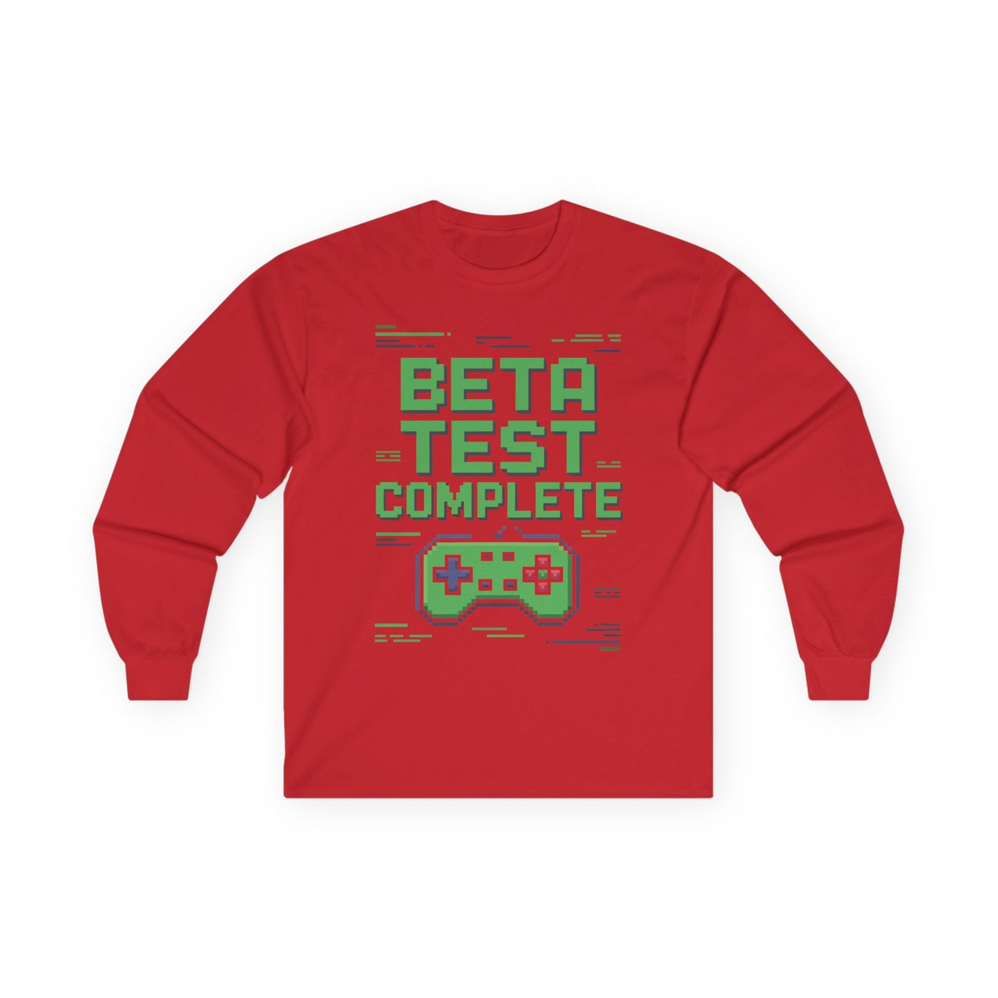 TEEZOCA video game controller graphic long-sleeve t-shirt Red long-sleeve shirt with 'Beta Test Complete' text and game controller graphic on a white background