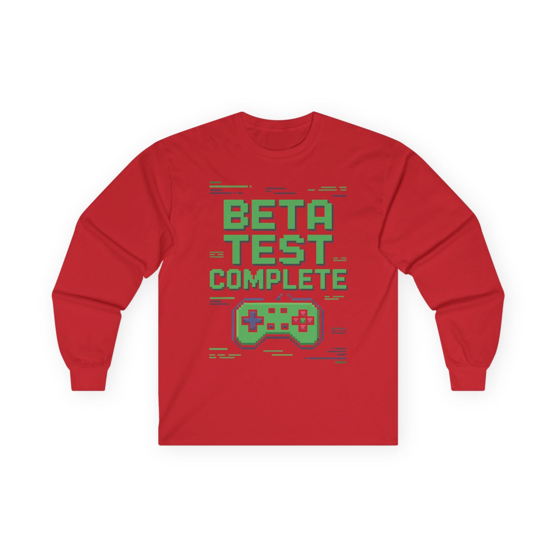 TEEZOCA video game controller graphic long-sleeve t-shirt Red long-sleeve shirt with 'Beta Test Complete' text and game controller graphic on a white background