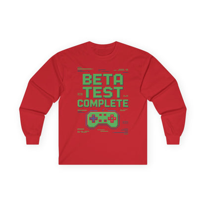 TEEZOCA video game controller graphic long-sleeve t-shirt Red long-sleeve shirt with 'Beta Test Complete' text and game controller graphic on a white background