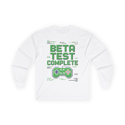 TEEZOCA video game controller graphic long-sleeve t-shirt White sweatshirt with 'Beta Test Complete' text and game controller graphic on a white background