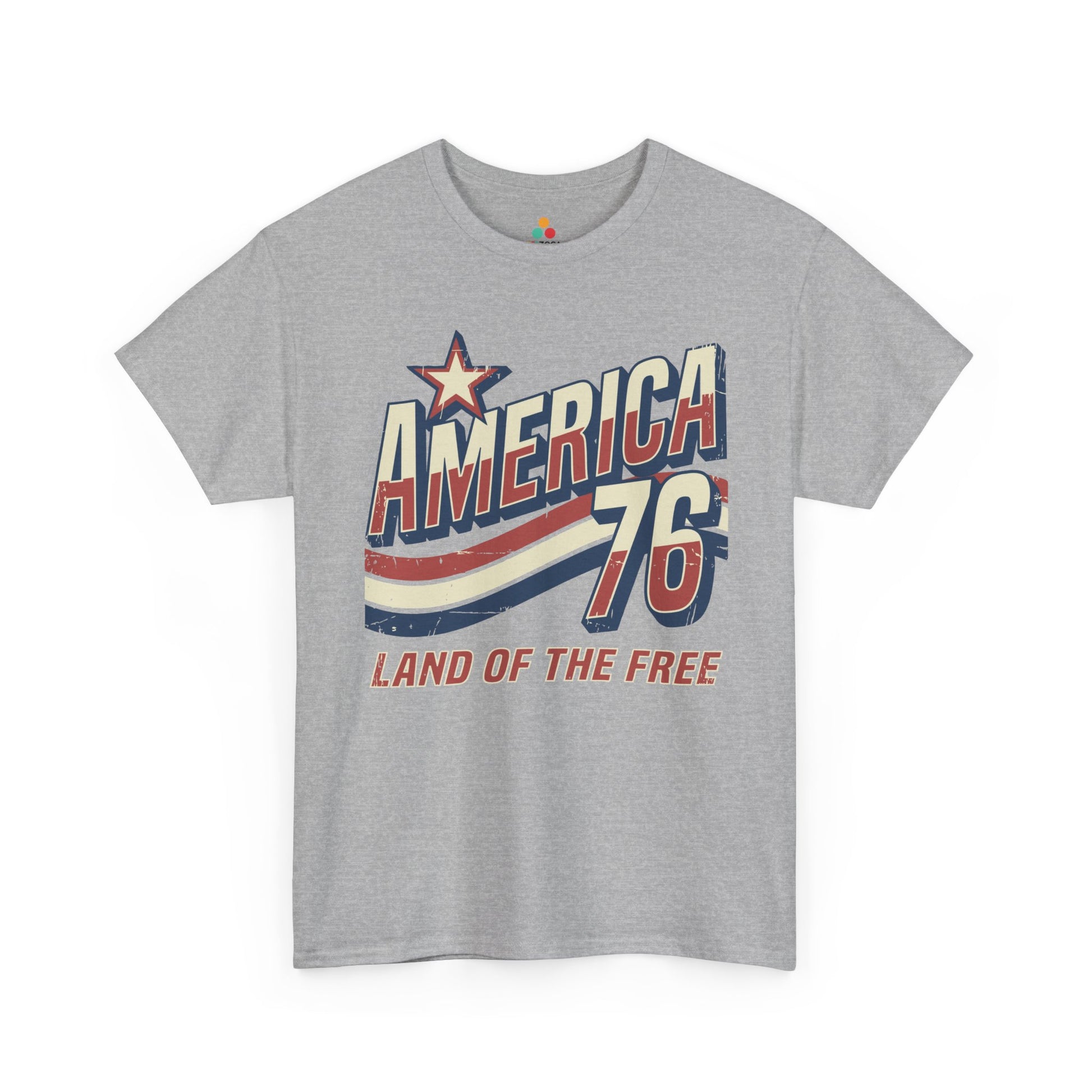 TEEZOCA vintage america tee T-shirt with land of the free shirt message, bold cream lettering, red stripe motion, and navy outlines.
