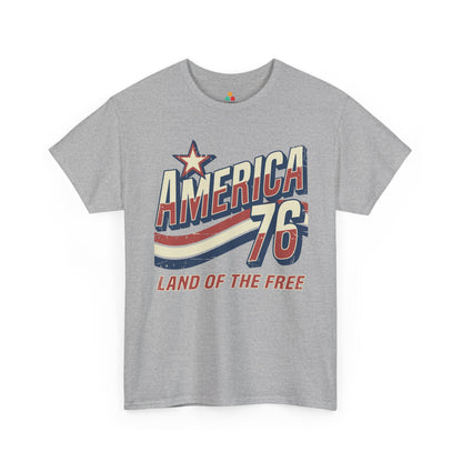 TEEZOCA vintage america tee T-shirt with land of the free shirt message, bold cream lettering, red stripe motion, and navy outlines.
