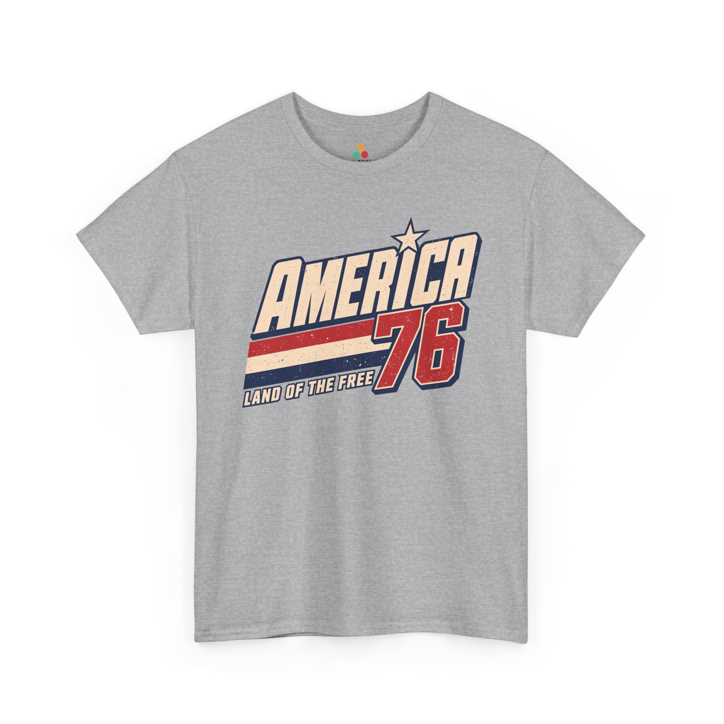 TEEZOCA vintage america tee T-shirt with land of the free shirt text, star detail, and old-school red white and blue sports graphics.
