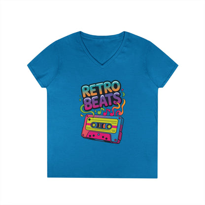 Retro Beats Cassette Art Ladies’ V-Neck T-Shirt Colorful Music Vibes | TEEZOCA 