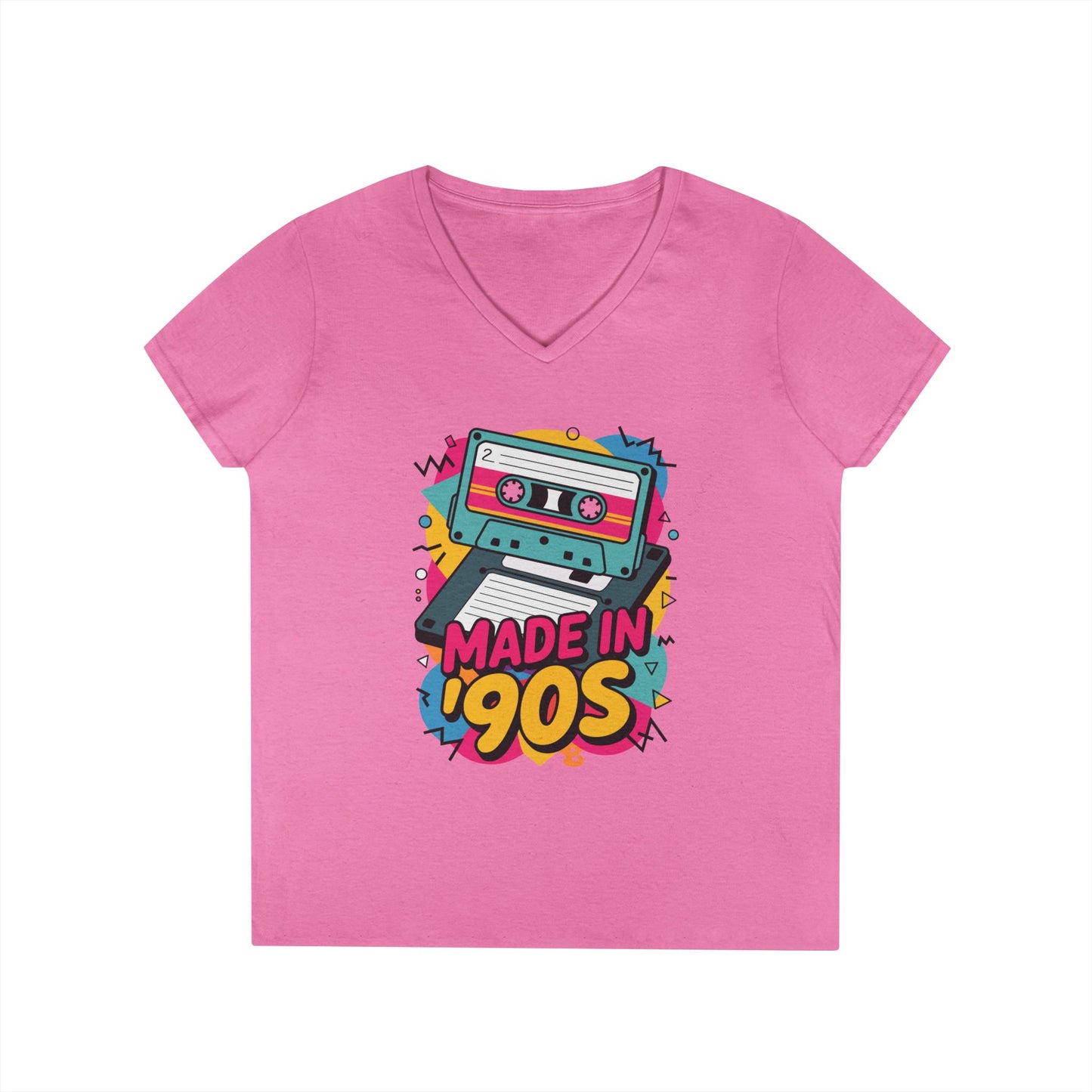 Made in 90s Retro Cassette Graphic V-Neck T-Shirt for Women | TEEZOCA 