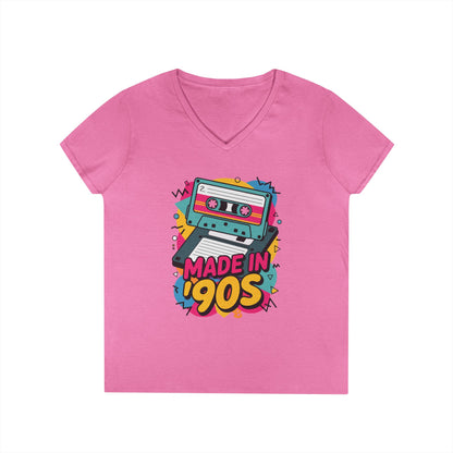Made in 90s Retro Cassette Graphic V-Neck T-Shirt for Women | TEEZOCA 