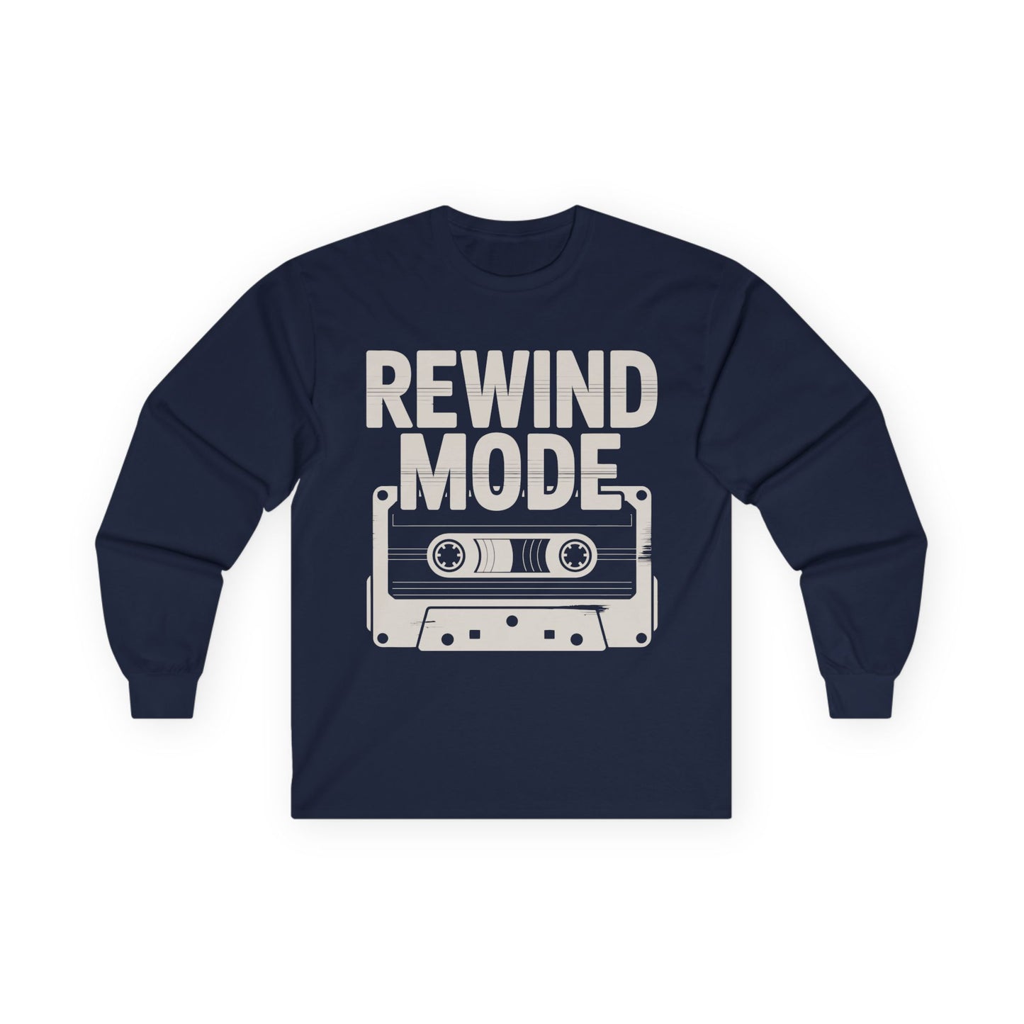 TEEZOCA vintage music graphic unisex long-sleeve tee Navy blue long-sleeve shirt with 'Rewind Mode' graphic and cassette tape design on a white background