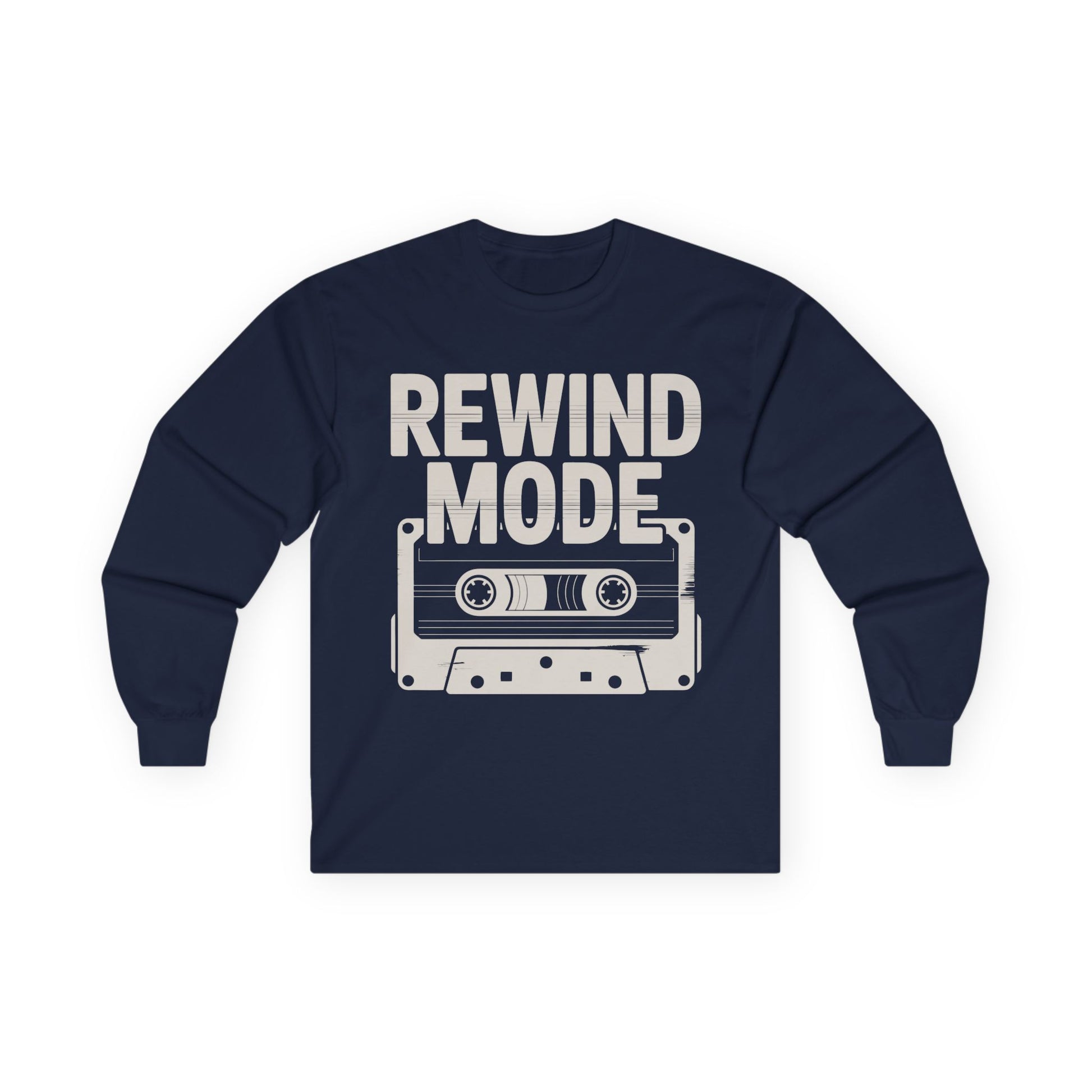 TEEZOCA vintage music graphic unisex long-sleeve tee Navy blue long-sleeve shirt with 'Rewind Mode' graphic and cassette tape design on a white background