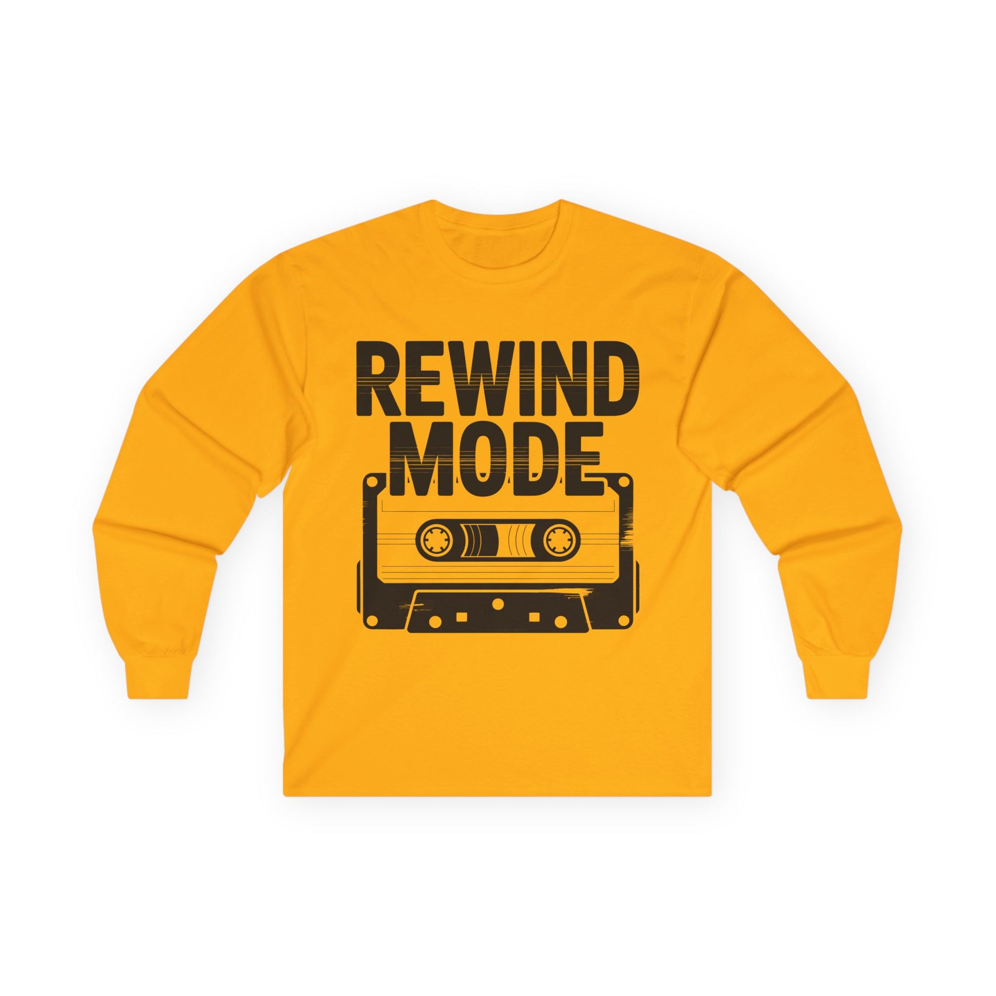TEEZOCA vintage music graphic unisex long-sleeve tee Yellow long-sleeve shirt with 'Rewind Mode' graphic and cassette tape design on a white background