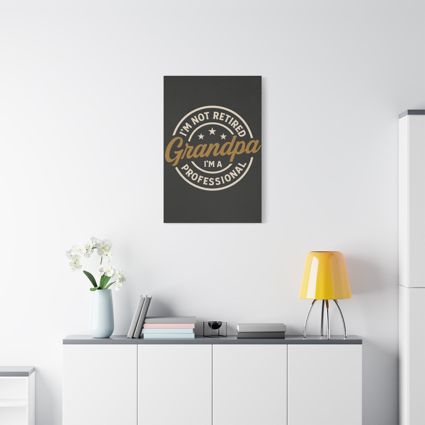 TEEZOCA vintage‑style grandpa professional canvas hanging above a couch with yellow lamp.