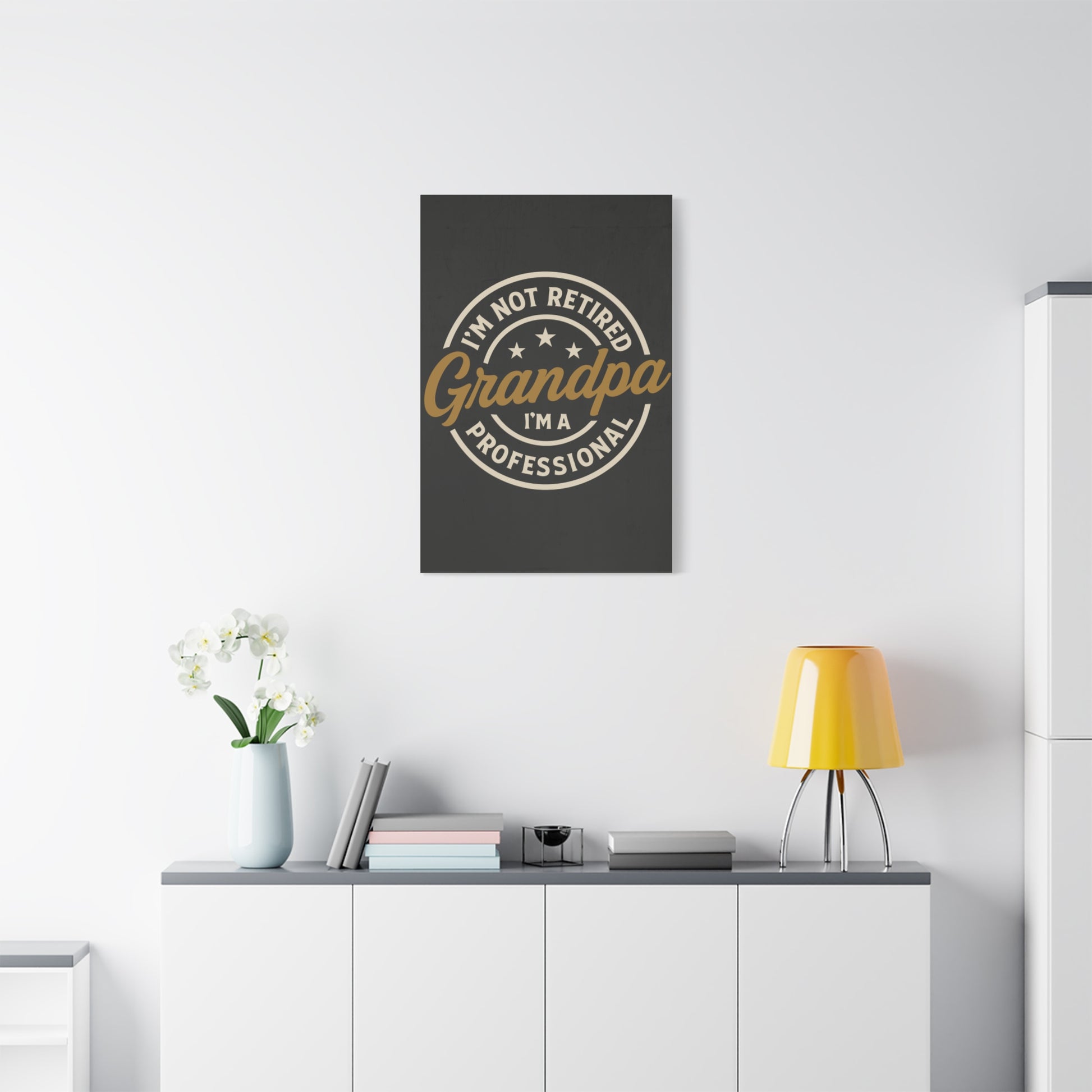 TEEZOCA vintage‑style grandpa professional canvas hanging above a couch with yellow lamp.