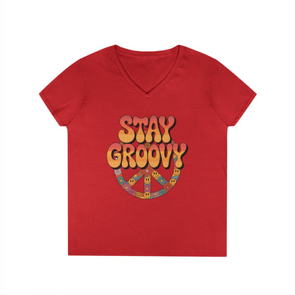 Stay Groovy Retro Peace Sign V-Neck T-Shirt for Women | TEEZOCA 