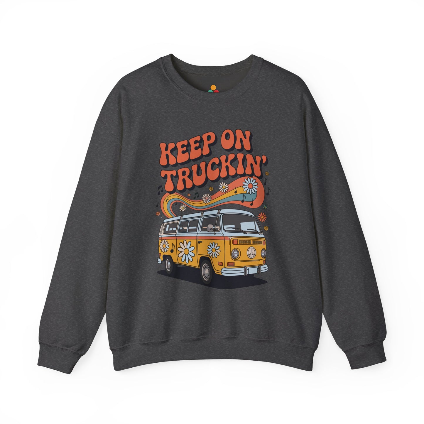 TEEZOCA vintage style unisex sweatshirt showing a classic road trip van, rainbow flow, daisies, and bold retro lettering Gray sweatshirt with a graphic of a van and 'Keep on Truckin'' text on a white background