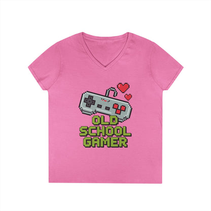 Old School Gamer Pixel Art V-Neck T-Shirt for Retro Gaming Queens | TEEZOCA 