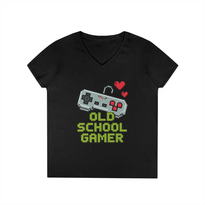Old School Gamer Pixel Art V-Neck T-Shirt for Retro Gaming Queens | TEEZOCA 