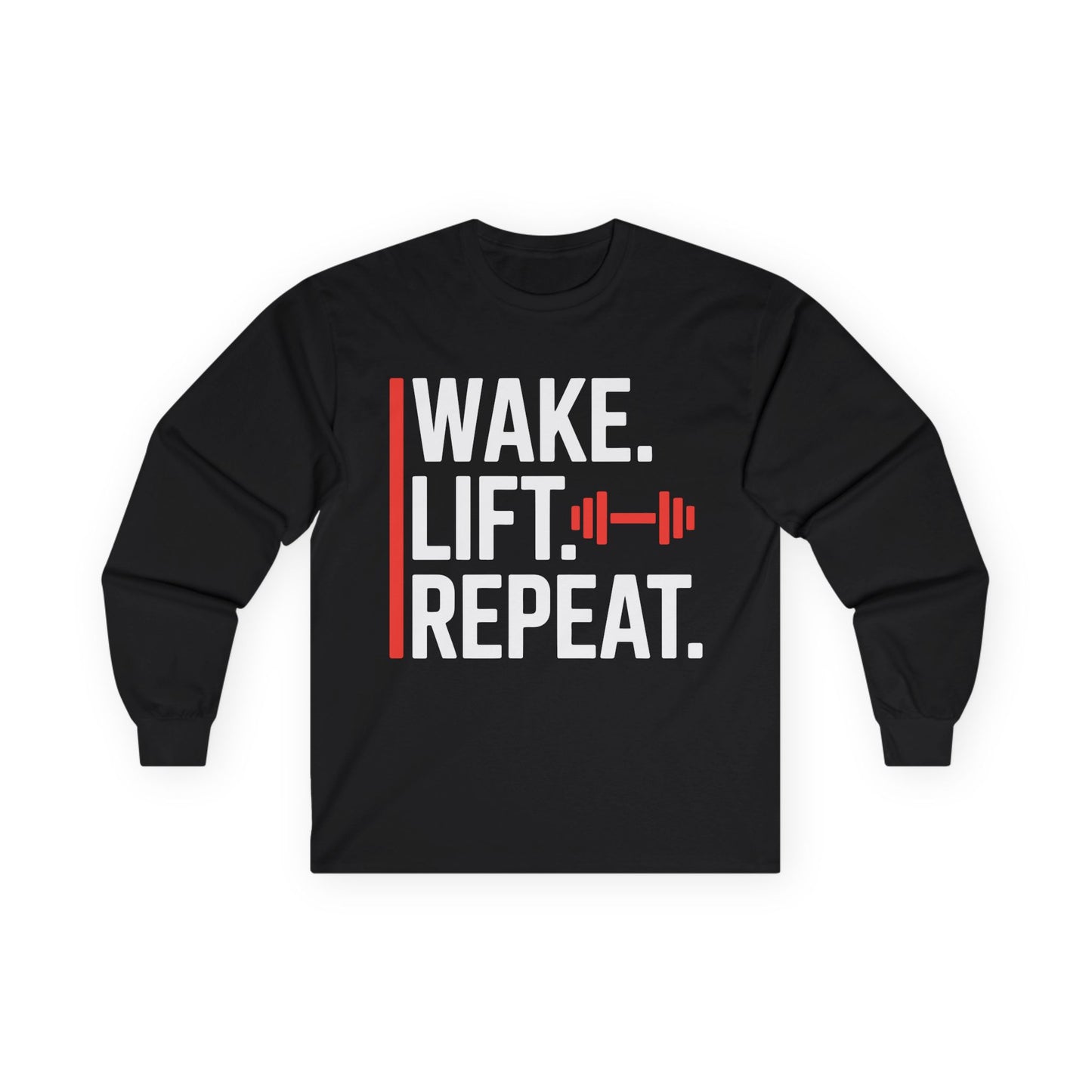 TEEZOCA wake lift repeat unisex long-sleeve t-shirt Black long-sleeve shirt with 'Wake. Lift. Repeat.' text and barbell graphic on a white background