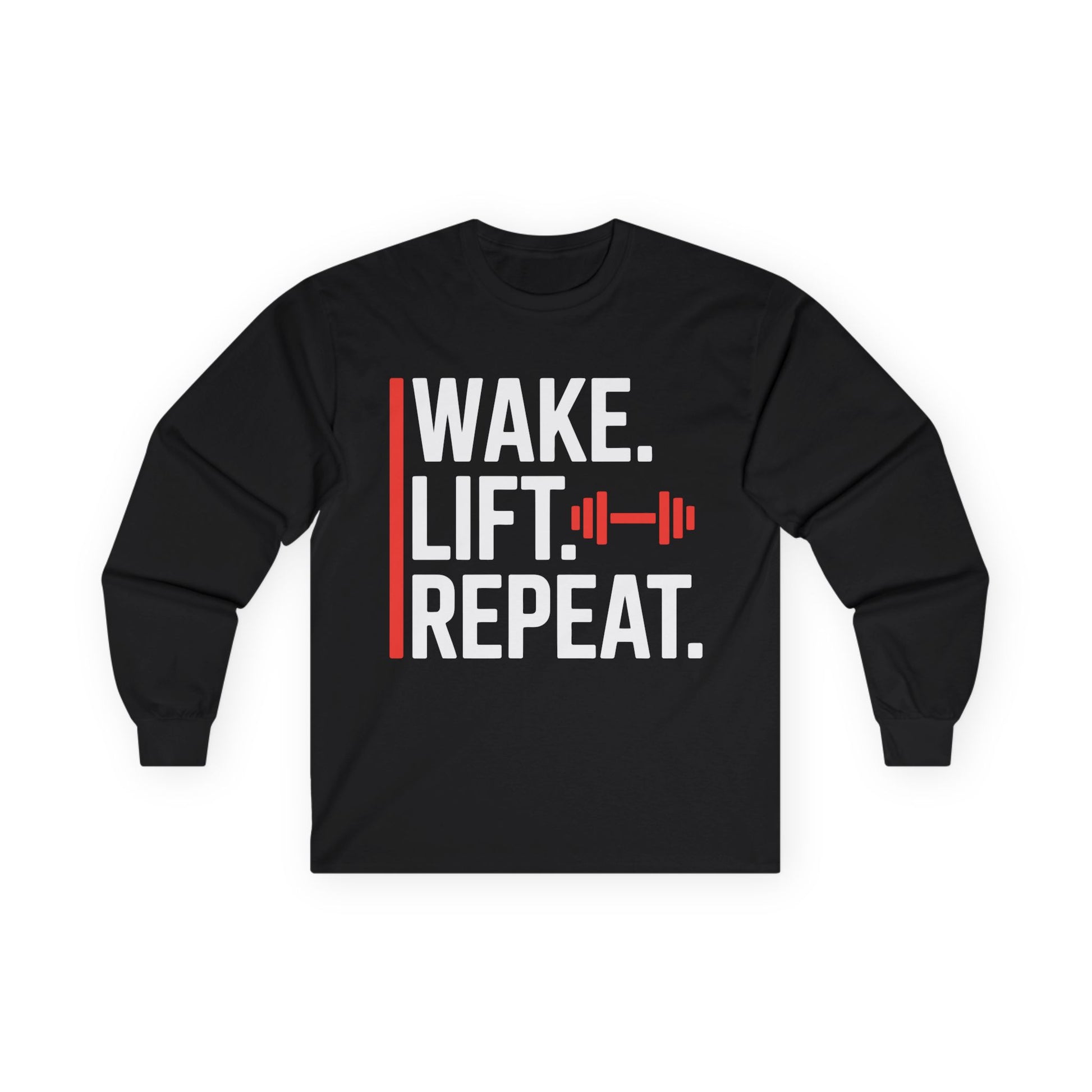 TEEZOCA wake lift repeat unisex long-sleeve t-shirt Black long-sleeve shirt with 'Wake. Lift. Repeat.' text and barbell graphic on a white background