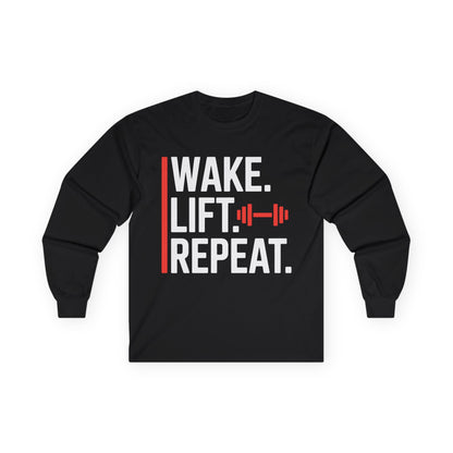 TEEZOCA wake lift repeat unisex long-sleeve t-shirt Black long-sleeve shirt with 'Wake. Lift. Repeat.' text and barbell graphic on a white background
