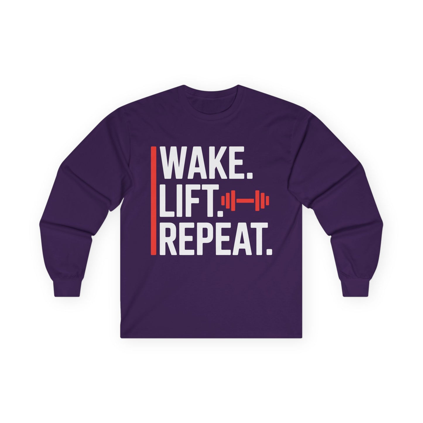 TEEZOCA wake lift repeat unisex long-sleeve t-shirt Purple long-sleeve shirt with 'Wake. Lift. Repeat.' text and barbell graphic on a white background