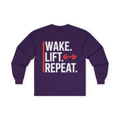 TEEZOCA wake lift repeat unisex long-sleeve t-shirt Purple long-sleeve shirt with 'Wake. Lift. Repeat.' text and barbell graphic on a white background