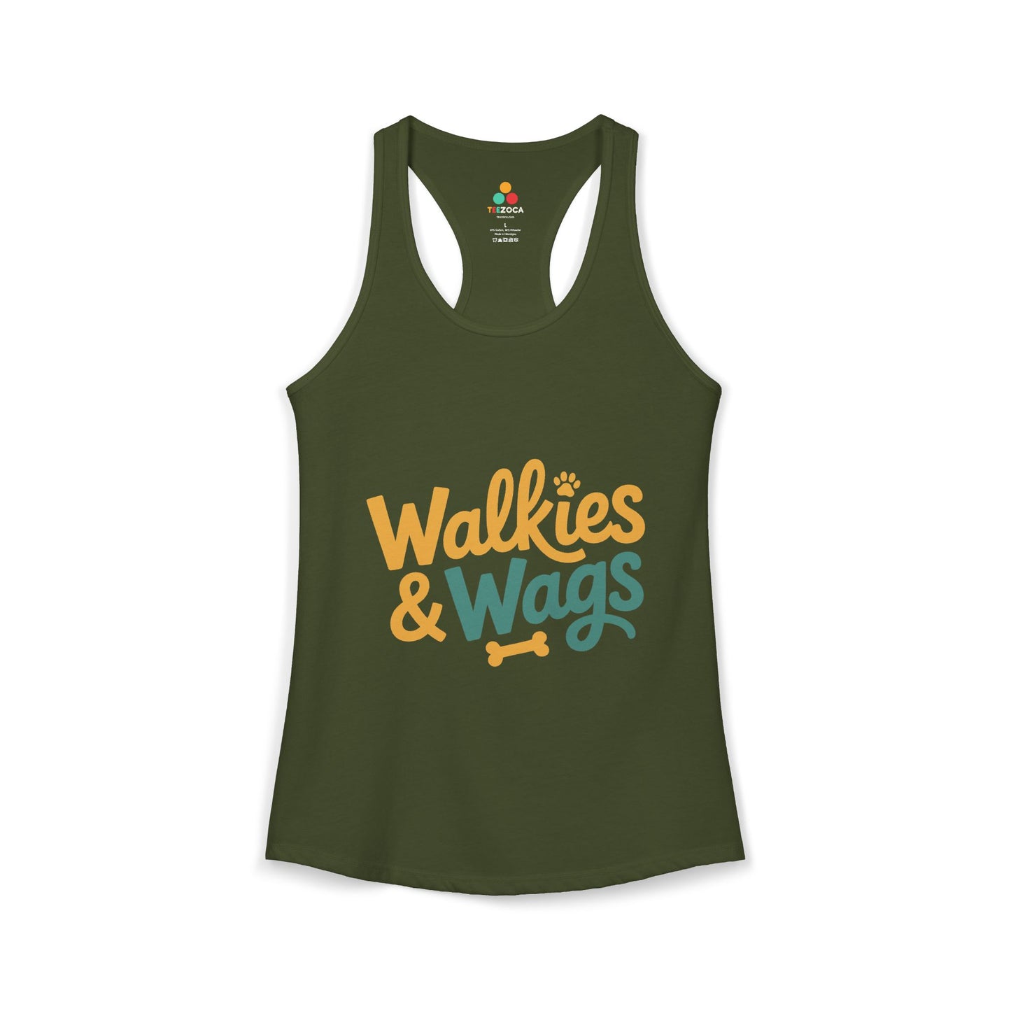 TEEZOCA walkies and wags women’s tank top dog lover quote Green tank top with 'Walkies & Wags' text on a white background