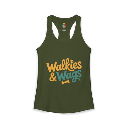 TEEZOCA walkies and wags women’s tank top dog lover quote Green tank top with 'Walkies & Wags' text on a white background
