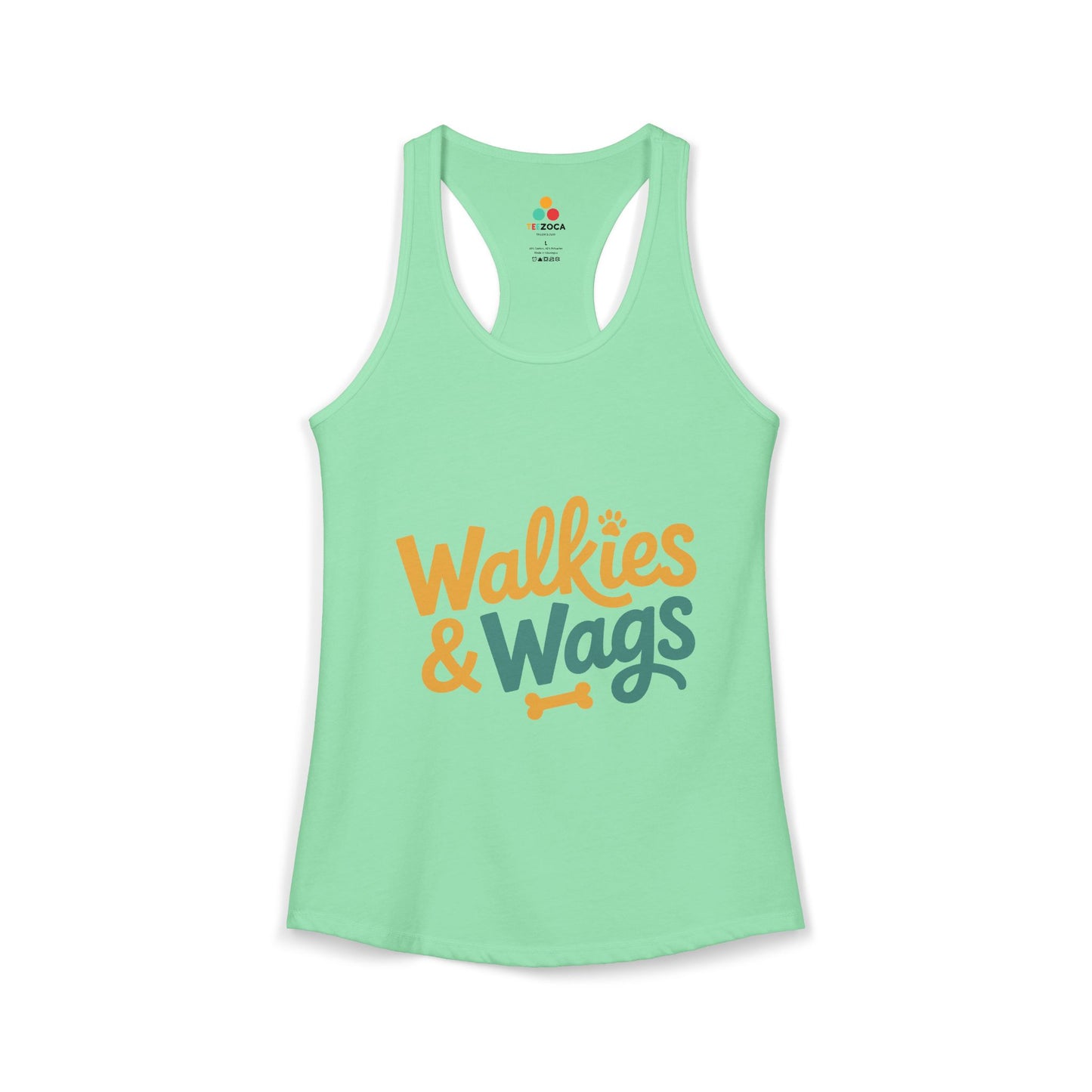 TEEZOCA walkies and wags women’s tank top dog lover quote Light green tank top with 'Walkies & Wags' text on a white background