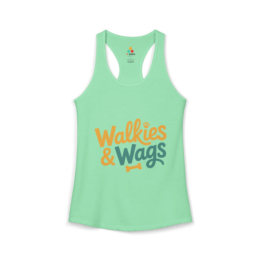 TEEZOCA walkies and wags women’s tank top dog lover quote Light green tank top with 'Walkies & Wags' text on a white background