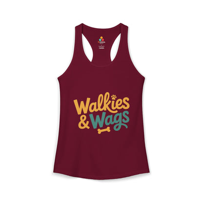 TEEZOCA walkies and wags women’s tank top dog lover quote Maroon tank top with 'Walkies & Wags' text on a white background