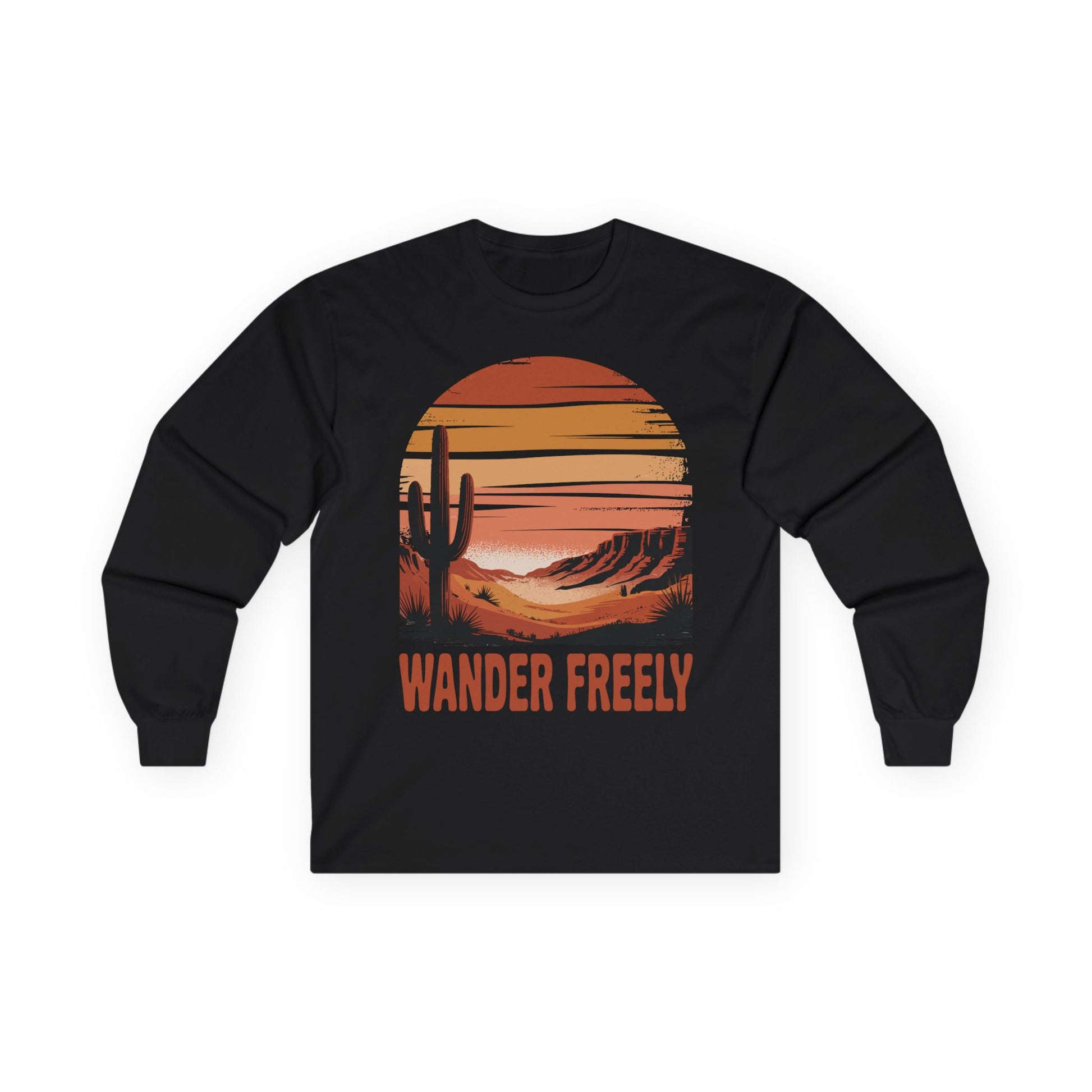 TEEZOCA wander freely cactus and sunset artwork on unisex long-sleeve t-shirt Black long-sleeve shirt with a desert landscape graphic and 'Wander Freely' text on a white background