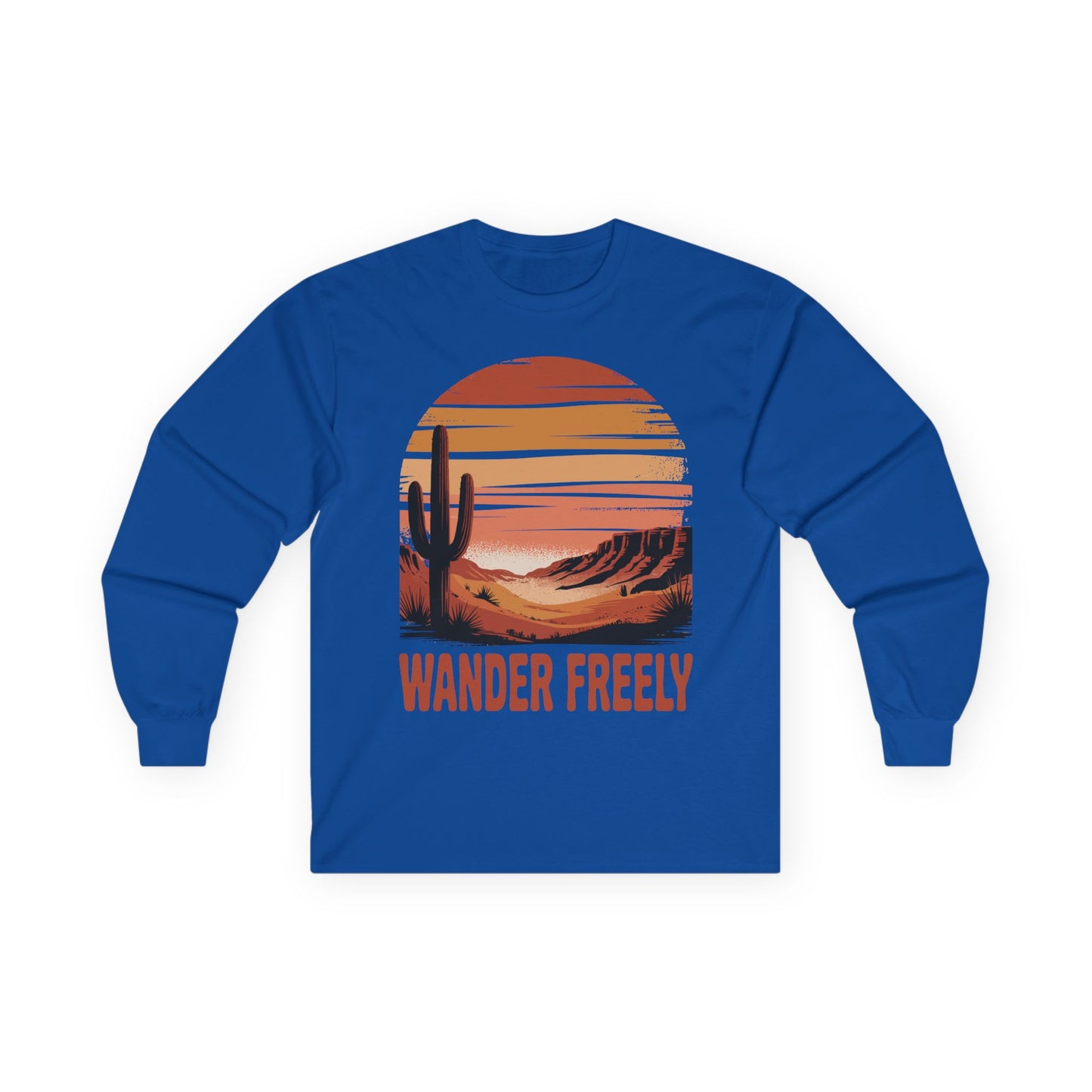 TEEZOCA wander freely cactus and sunset artwork on unisex long-sleeve t-shirt Blue long-sleeve shirt with a desert landscape graphic and 'Wander Freely' text on a white background
