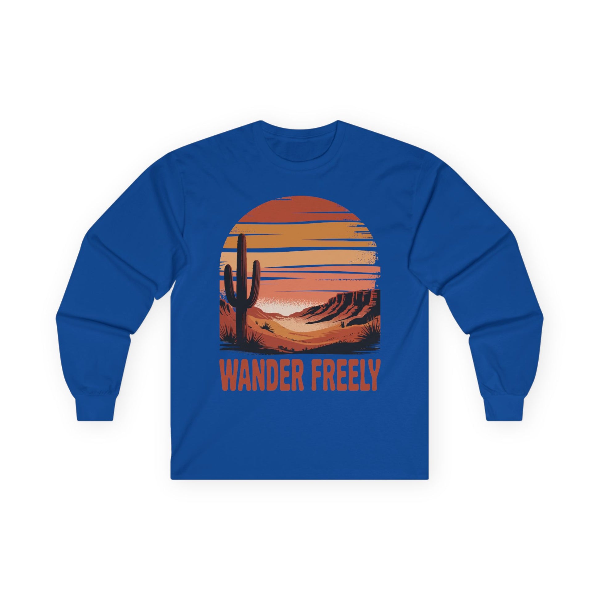 TEEZOCA wander freely cactus and sunset artwork on unisex long-sleeve t-shirt Blue long-sleeve shirt with a desert landscape graphic and 'Wander Freely' text on a white background