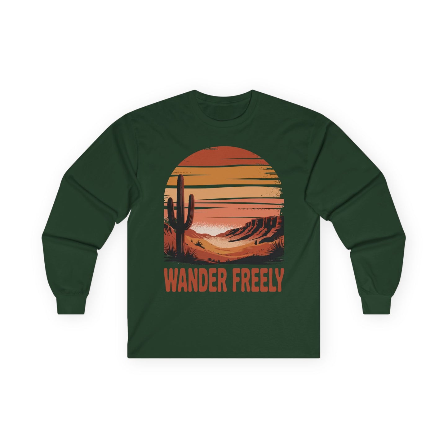 TEEZOCA wander freely desert sunset design on unisex long-sleeve t-shirt Green long-sleeve shirt with a desert landscape graphic and 'Wander Freely' text on a white background