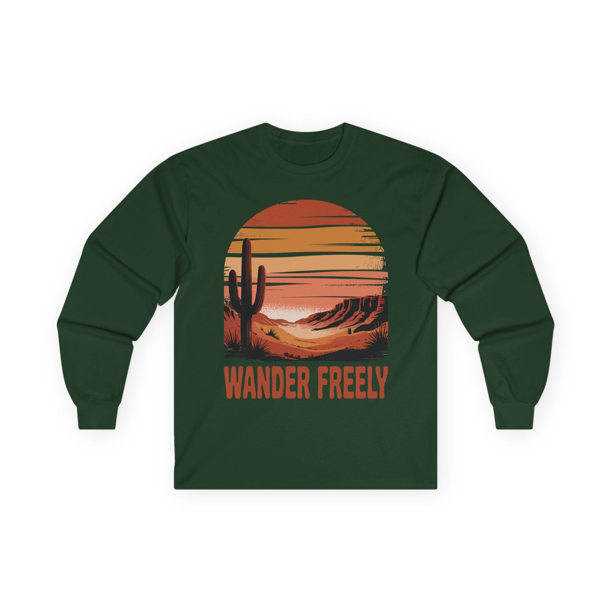 TEEZOCA wander freely desert sunset design on unisex long-sleeve t-shirt Green long-sleeve shirt with a desert landscape graphic and 'Wander Freely' text on a white background