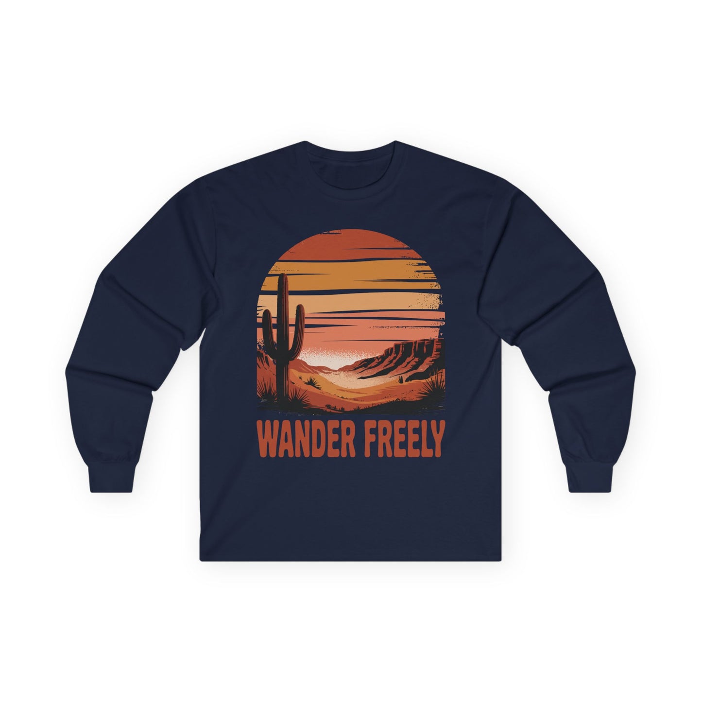 TEEZOCA wander freely desert sunset design on unisex long-sleeve t-shirt Navy blue long-sleeve shirt with a desert landscape graphic and 'Wander Freely' text on a white background