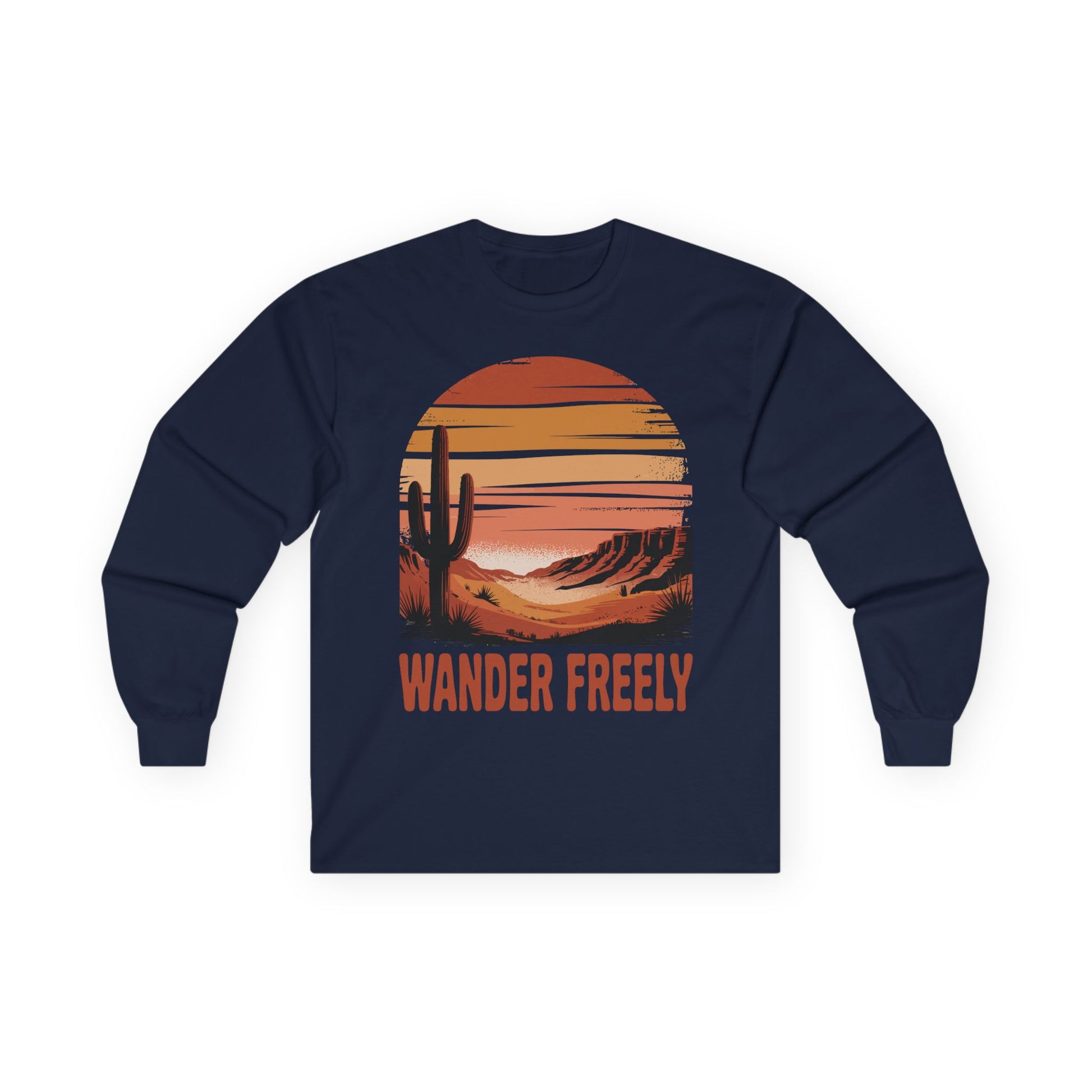 TEEZOCA wander freely desert sunset design on unisex long-sleeve t-shirt Navy blue long-sleeve shirt with a desert landscape graphic and 'Wander Freely' text on a white background