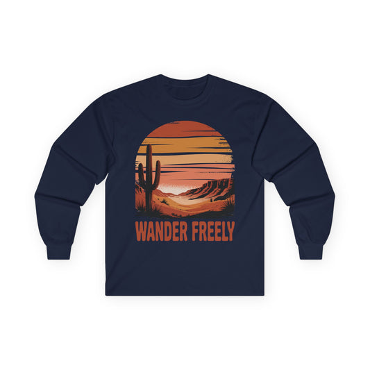 TEEZOCA wander freely desert sunset design on unisex long-sleeve t-shirt Navy blue long-sleeve shirt with a desert landscape graphic and 'Wander Freely' text on a white background